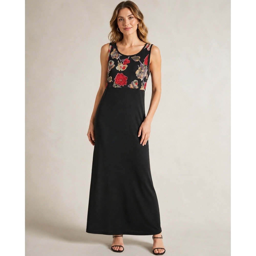 VTG 90s DJ Int Velvet Burnout Maxi Dress 9/10 Black Red Rose Goth Witchy Y2K